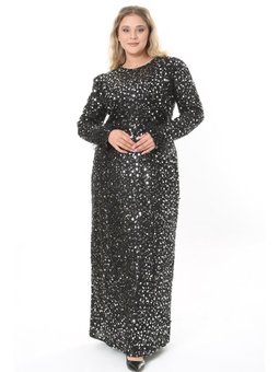 Büyük Beden Uzun Gümüş Abiye Elbise Siyah