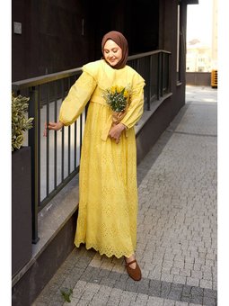 Bebe Yaka Dantel Detay Sarı Elbise