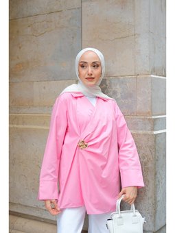 Broş Detay Poplin Pembe Gömlek