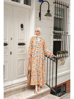Çicek Desenli Elbise Turuncu