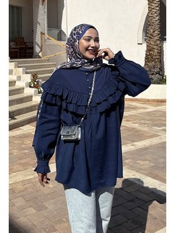 Robası Fırfırlı Cupra Tencel Lacivert Gömlek