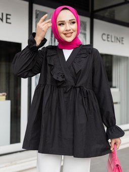 Yan Baglamalı Fırfır Detay Tunık Sıyah