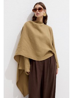 Asimetrik Keten Pelerin Bluz Sahra