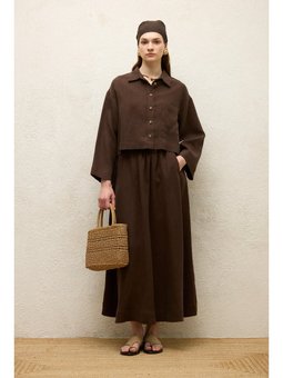 Keten Uzun Kol Crop Acı Kahve Gömlek