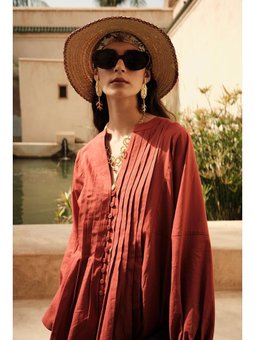 Nervür Detaylı Vual Turuncu Tunik