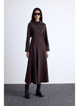 Premıum Örme Yakalı Kahverengi Elbise