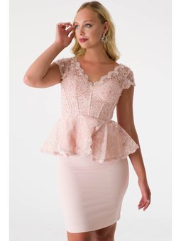 Üst Güpür Detaylı Arkadan Bağlamalı Takım Abiye Pudra