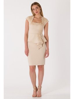 Volanlı Bej Abiye Takım