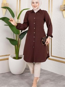 Kahverengi Manşeti Lastikli Viskon Tunik