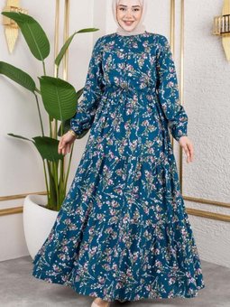 Petrol Asel Çiçekli Viskon Elbise