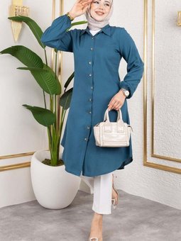 Petrol Manşeti Lastikli Viskon Tunik