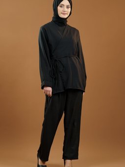 Siyah Bağlamalı Kimono İkili Takım