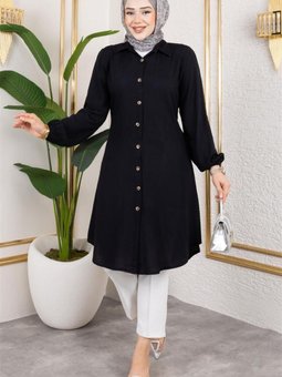 Siyah Manşeti Lastikli Viskon Tunik