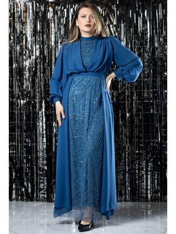 İşleme Detaylı Şifon İndigo Abiye Elbise
