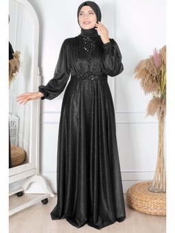 Payet Detaylı Simli Tül Büyük Beden Abiye Elbise Siyah