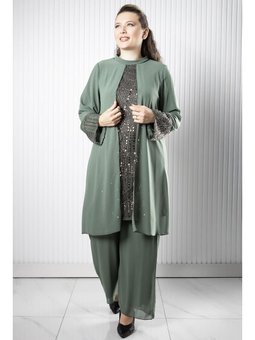 Taş Payet İşlemeli Şifon Pantolon Tunik Takım Haki