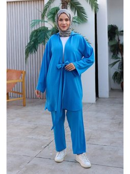 Bağlama Detaylı Kimono Takım Deniz Mavi Takımsi