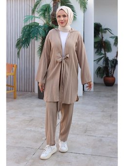 Bağlama Detaylı Kimono Vizon Takım