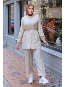 Hakim Yaka Detaylı Bej Takım