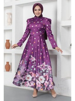 Çiçekli Puantiyeli Saten Abiye Elbise Mürdüm