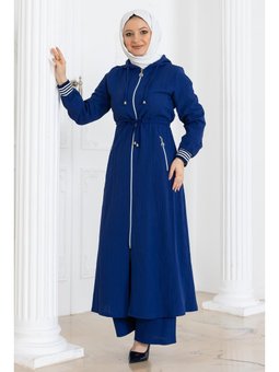 Beli Bağcıklı Kapüşonlu İndigo Takım