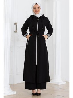 Beli Bağcıklı Kapüşonlu Siyah Takım