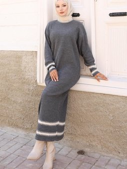 Gri Desenli Triko Elbise