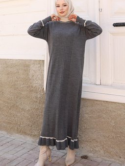 Gri Manşeti Taş Detaylı Triko Elbise