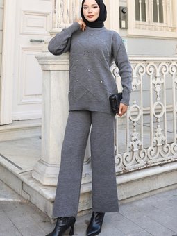 Gri Taş Detaylı Triko İkili Takım