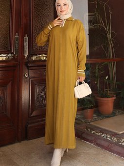 Haki Düğme Detaylı Triko Elbise