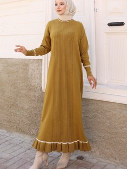 Haki Manşeti Taş Detaylı Triko Elbise