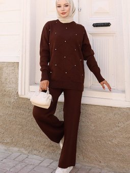 Kahverengi Taş Detaylı Triko İkili Takım