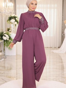 Mürdüm Taş Detaylı Şifon Tulum Abiye Elbise