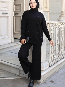 Siyah Taş Detaylı Triko İkili Takım