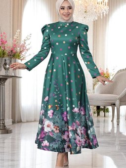Zümrüt Yeşili Çiçekli Puantiyeli Saten Abiye Elbise