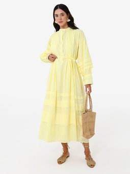 Balon Kollu Katlı Sari Elbise