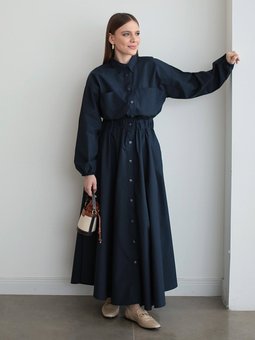 Boydan Düğmeli Cepli Lacivert Elbise