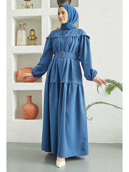 Carla Büzgülü Kuşaklı Elbise İndigo