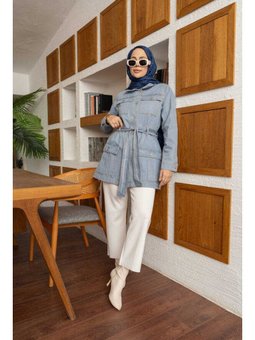 Cepli Kuşaklı Kısa Ceket Mavi