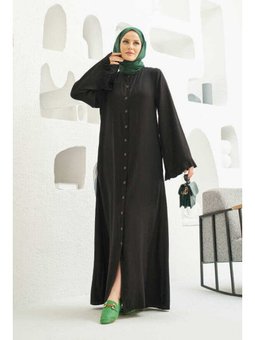 Denim Düğmeli Kolları Fırfırlı Ferace Siyah