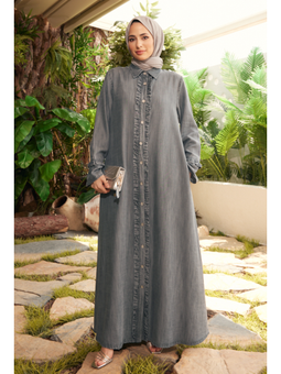 Denim Fırfırlı Ferace Gri