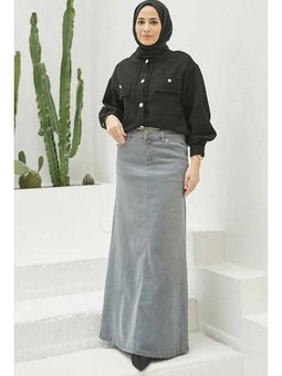 Denim Klasik Etek Gri