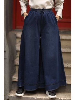 Denim Lastikli Bol Paça Pantolon Koyu Mavi
