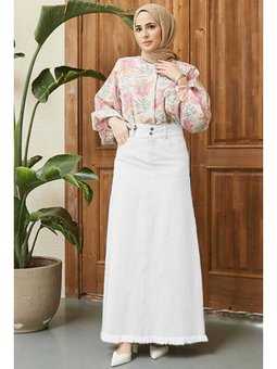 Denim Püsküllü Etek Beyaz