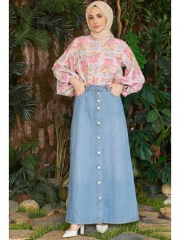 Düğmeli Kot Etek Mavi