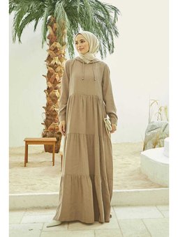 Modal Kapüşonlu Reglan Kollu Elbise Vizon