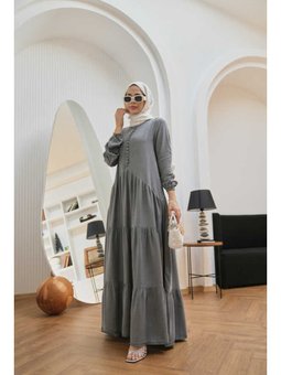 Tensel Britli Düğmeli Büzgülü Elbise Gri