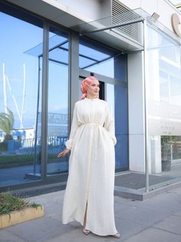 Bej Omuz Büzgülü Müslin Ferace