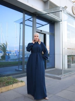 Lacivert Omuz Büzgülü Müslin Ferace