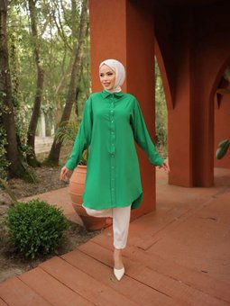 Yeşil Dubai İpeği Gömlek Tunik